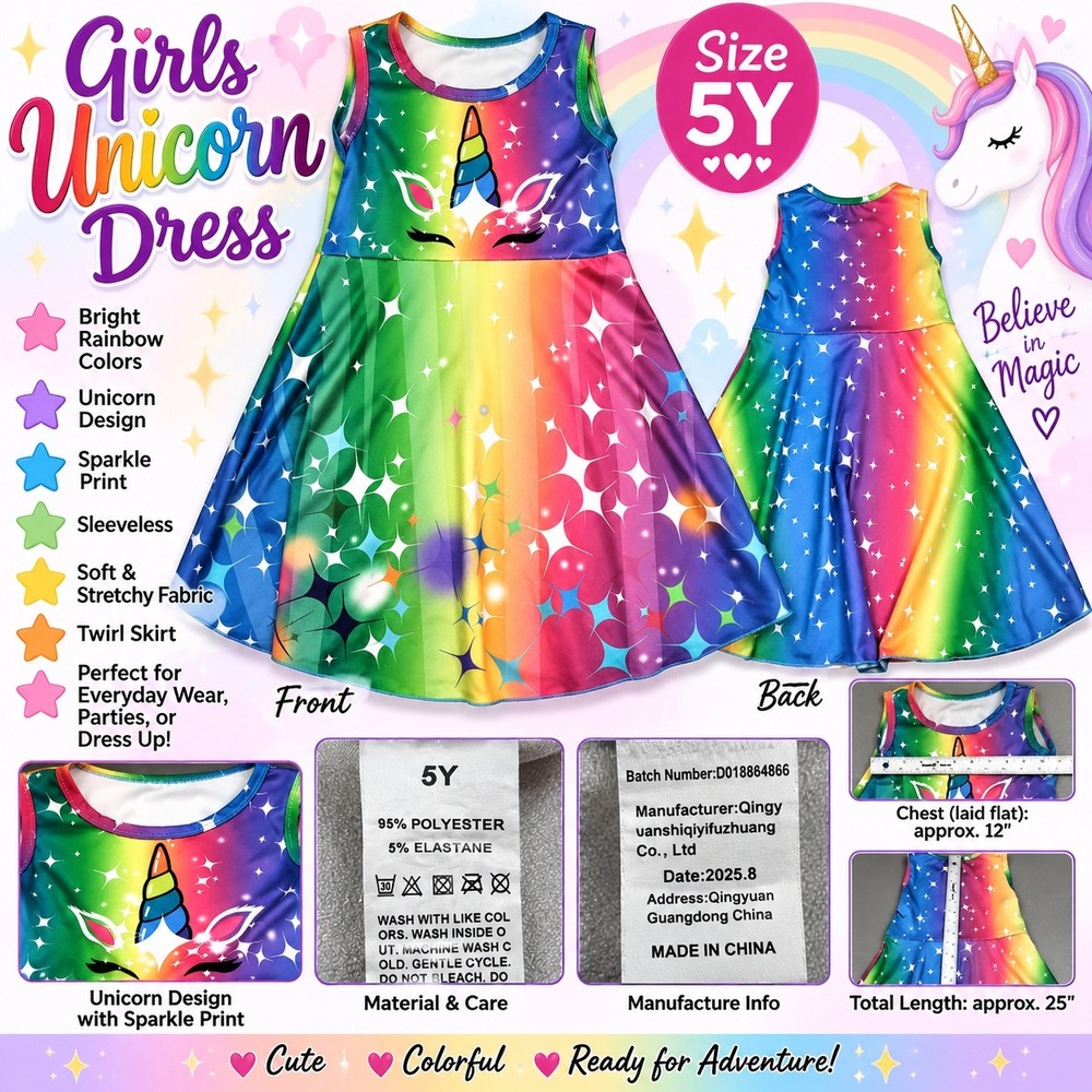 Girls Rainbow Unicorn Dress Sleeveless Sparkle Twirl Skirt Size 5Y Multi-Color